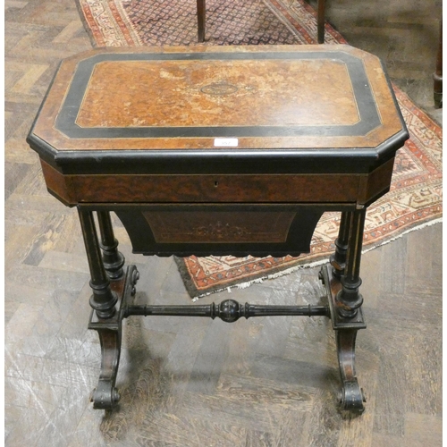 357 - A Victorian ladies burr walnut and ebonised work and games table