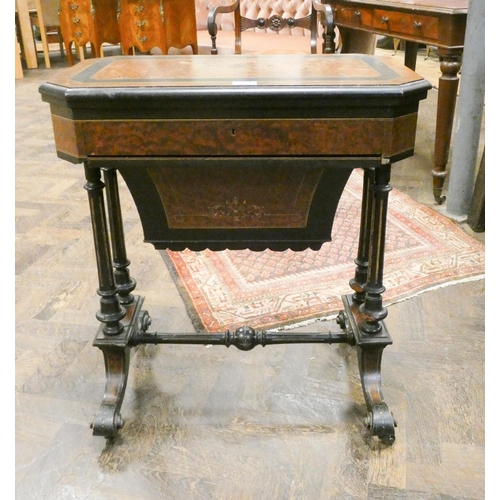 357 - A Victorian ladies burr walnut and ebonised work and games table