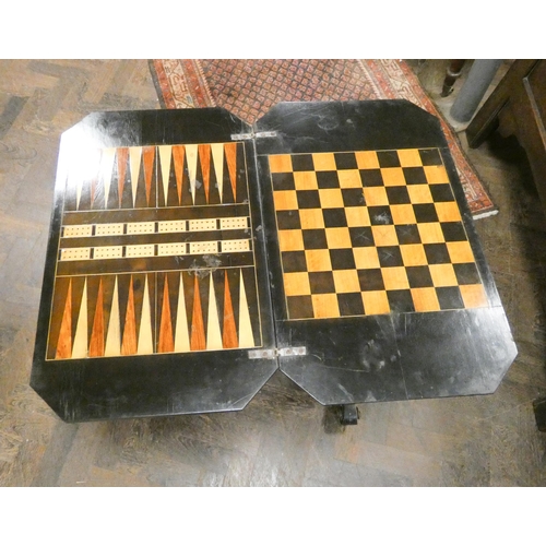 357 - A Victorian ladies burr walnut and ebonised work and games table