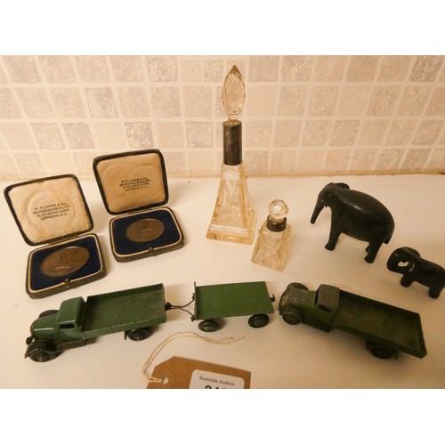 246 - Collectables to include two silver mounted and cut glass dressing table scent bottles, bronze commem... 