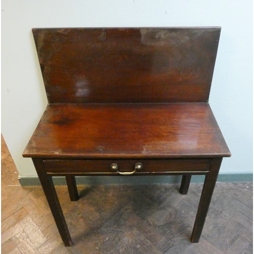 359 - A 19th century mahogany fold over top tea table, fitted one long drawer with a brass handle