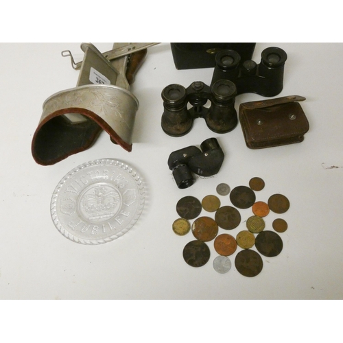 253 - A vintage stereoscope, binoculars to include Zeiss, a glass Victoria's Jubilee pin dish, small quant... 