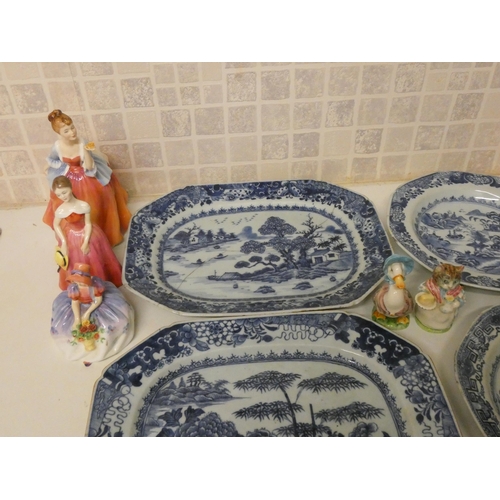 254 - Four 19th century blue and white plates, Royal Doulton lady figures 'Fleur' and 'Monica', two Beatri... 