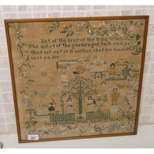 282 - An early 19th century needlework sampler, Sarah Ingham, aged 12, 1824, The Fruit of the Tree, framed... 