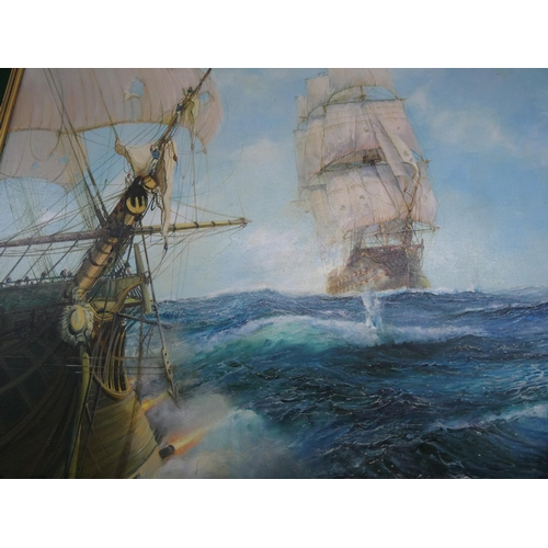 24 - A gilt and green velvet framed oil painting of sailing galleons, signed P Richardson, image size 28