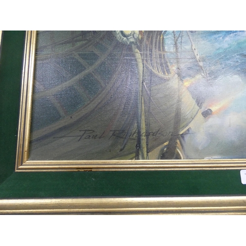 24 - A gilt and green velvet framed oil painting of sailing galleons, signed P Richardson, image size 28