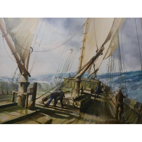 25 - A gilt framed oil painting of sailing ship with figures in rough sea, signed Paul Richardson, image ... 