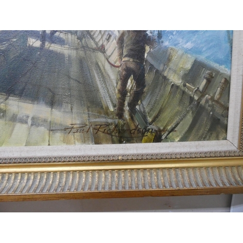 25 - A gilt framed oil painting of sailing ship with figures in rough sea, signed Paul Richardson, image ... 