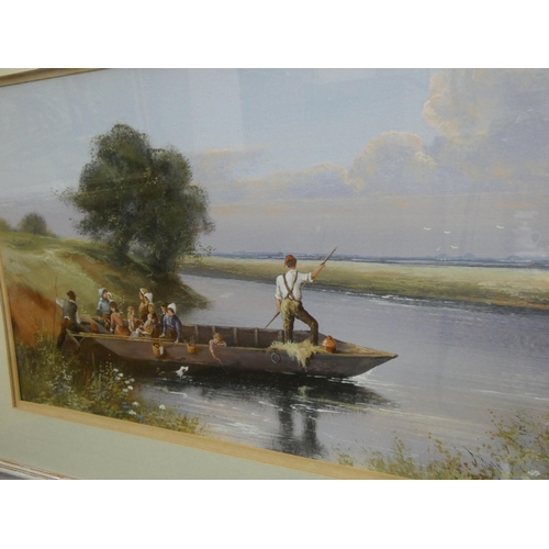 28 - A watercolour of figures in ferry boat signed John Horsewell, image size 14