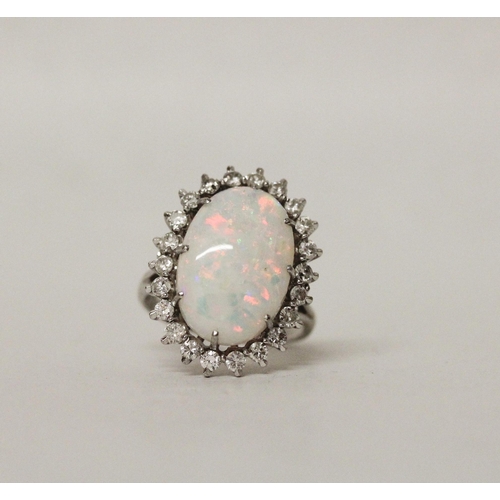 544 - A large and impressive oval opal and diamond cluster ring, on 18ct white gold band, ring size P/Q, 7...