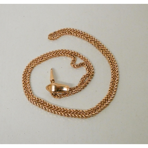 572 - A modern 9ct rose gold snake necklace, the fancy link chain with a snake's head adjustable sprung cl... 