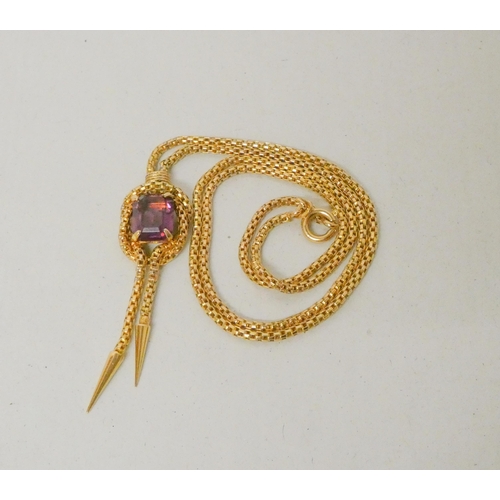 614 - A Victorian design 18ct yellow gold and amethyst pendant necklace, hallmarked on clasp, 11.8 grams