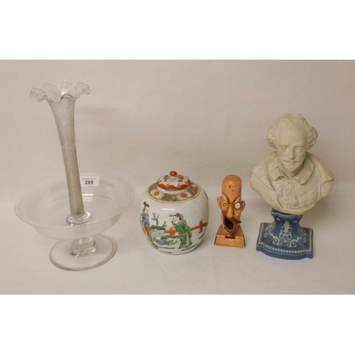 289 - A Victorian glass comport vase, a bust of Shakespeare on a Jasperware possibly Wedgewood base, a gin... 