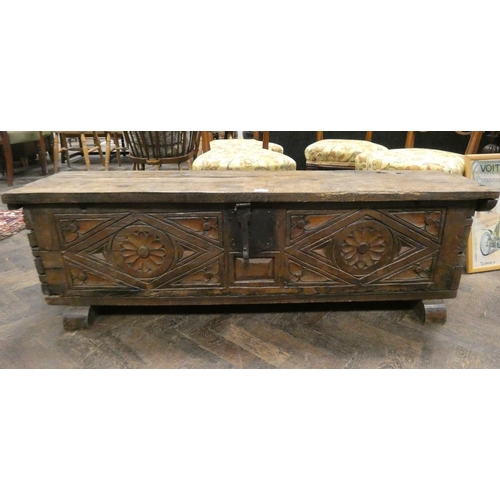 368 - An antique carved elm two panel coffer measuring 56