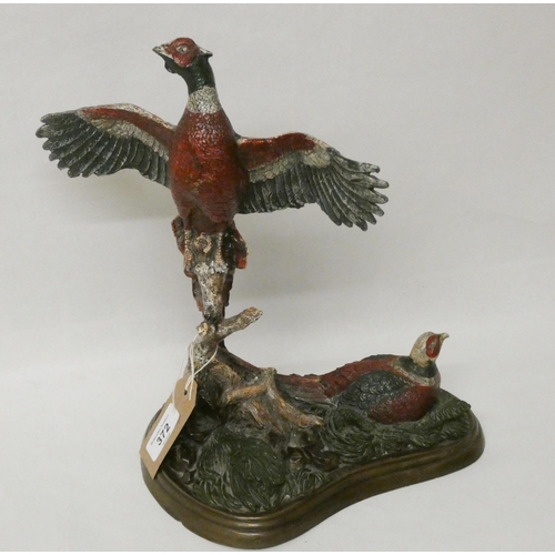 372 - A pair of cold painted bronze pheasants, approx 32cm high x 250cm wide bearing signature Fratin