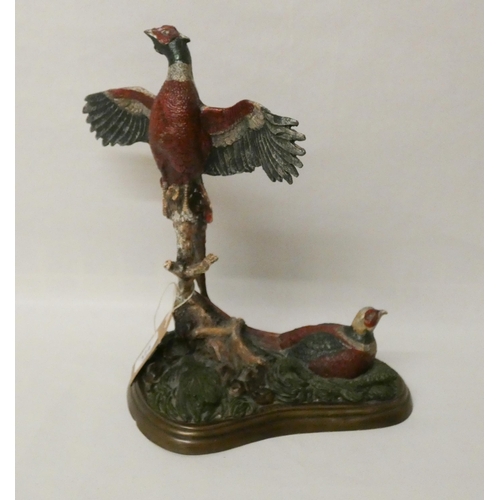 372 - A pair of cold painted bronze pheasants, approx 32cm high x 250cm wide bearing signature Fratin