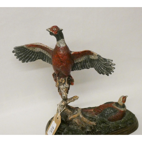 372 - A pair of cold painted bronze pheasants, approx 32cm high x 250cm wide bearing signature Fratin