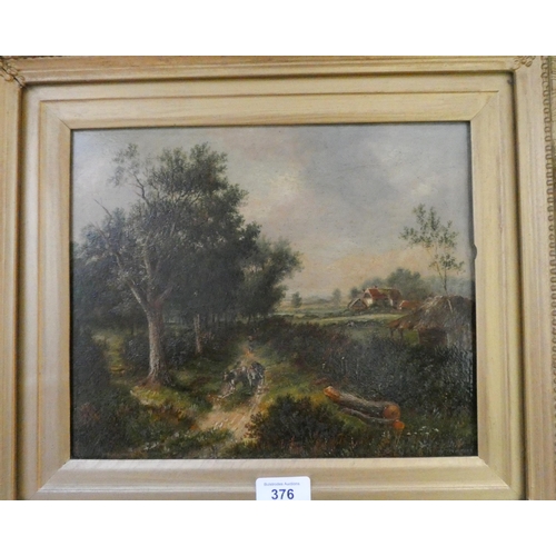 376 - A pair of late 19th century oil on board paintings of country scenes, one depicting a country cottag... 