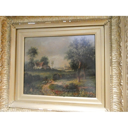 376 - A pair of late 19th century oil on board paintings of country scenes, one depicting a country cottag... 