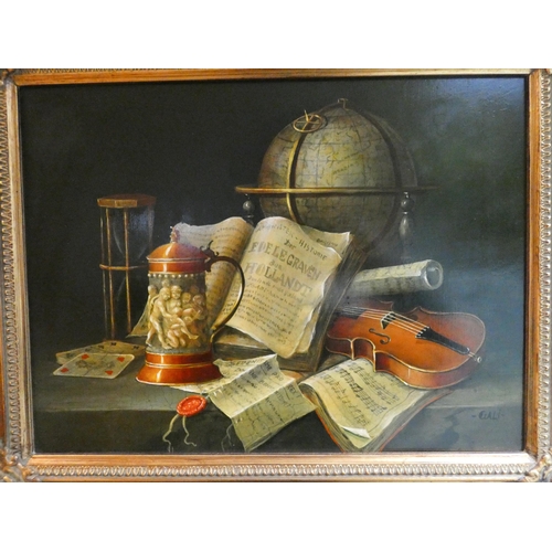 377 - An early 20th century oil on board still life by Hungarian artist Imre Gali in a gilt frame, image s... 