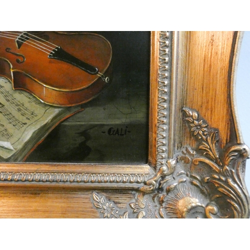 377 - An early 20th century oil on board still life by Hungarian artist Imre Gali in a gilt frame, image s... 