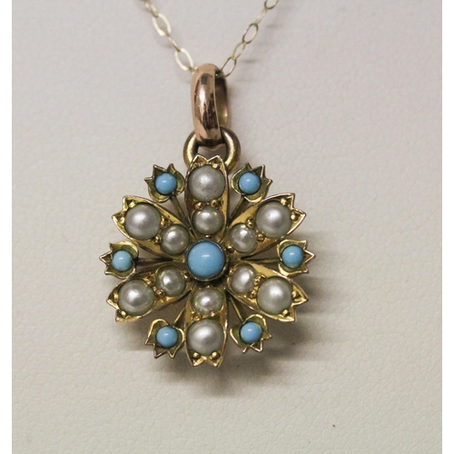 536 - Edwardian seed pearl and turquoise cluster pendant on fine 9ct gold chain, clasp marked 375.