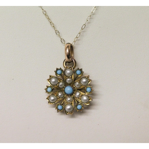 536 - Edwardian seed pearl and turquoise cluster pendant on fine 9ct gold chain, clasp marked 375.