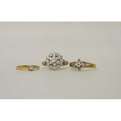 539 - A collection of three 9ct gold rings, two set with diamonds, the largest cluster CZ. All hallmarked,... 