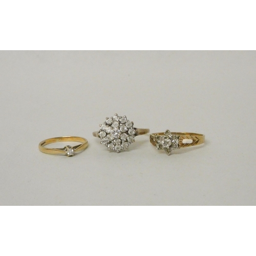 539 - A collection of three 9ct gold rings, two set with diamonds, the largest cluster CZ. All hallmarked,... 