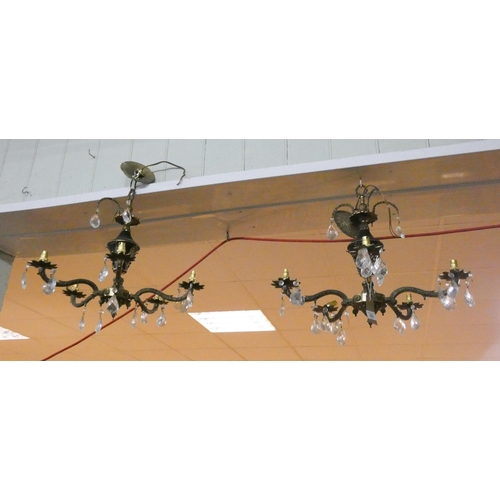 379 - A pair of modern five branch glass lustre chandelier style light fittings