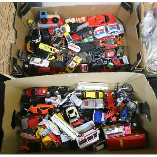 346 - Two large boxes of assorted played with model cars, motorbikes, buses etc