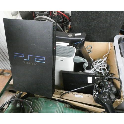 351 - A box containing two XBox 360s, a Wii console and three PS2s, all as found