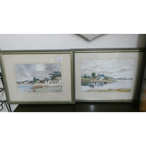 193 - A pair of framed watercolours of French river and village scenes, signed R F Tunstall