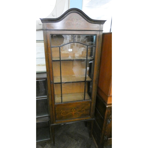 195 - An Edwardian inlaid and painted decorated glazed china display cabinet, 2' wide