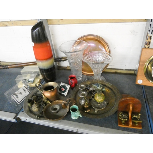 333 - A copper bed warming pan, copper and brass items, two cut glass vases etc