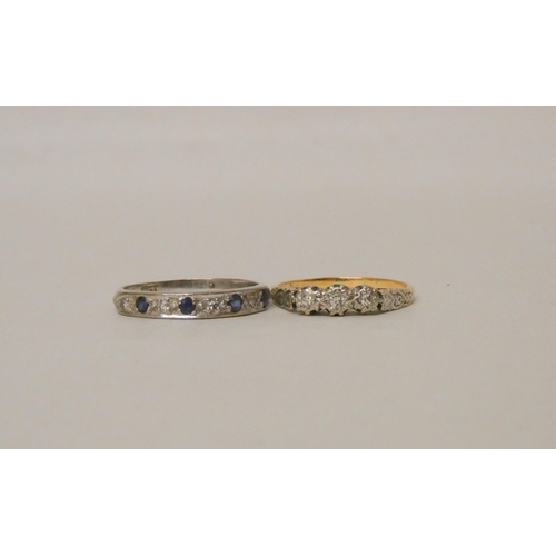 510 - An 18ct white gold sapphire and diamond half hoop eternity ring, hallmarked, size P, together with a... 