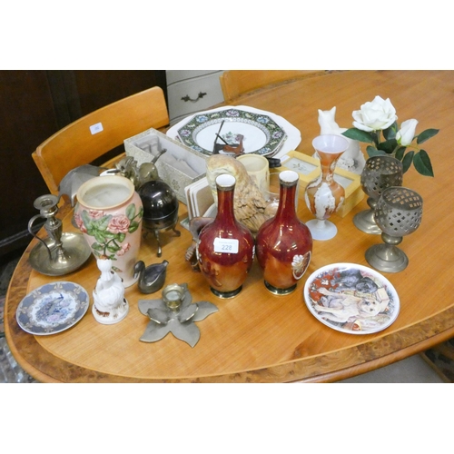 228 - Collectables to include a pair of Crown Devon lustre vases, an Owl and other ornaments, plates and o... 