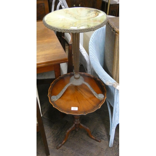 237 - A Walnut wine table with pie crust edge and a brass framed wine table with imitation onyx top