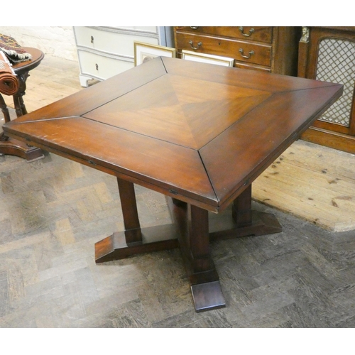 1 - An unusual mahogany octagonal swivel top dining table, with folding leaves to make a square table on... 