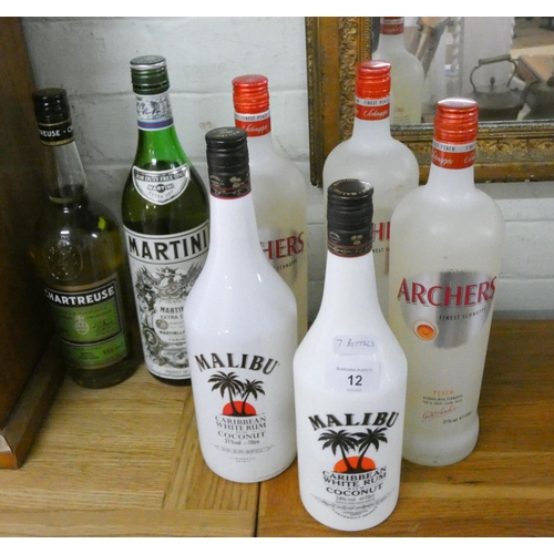 12 - A collection of two bottles of Malibu, three bottles of Archers Schnapps, a bottle of Chartreuse and... 