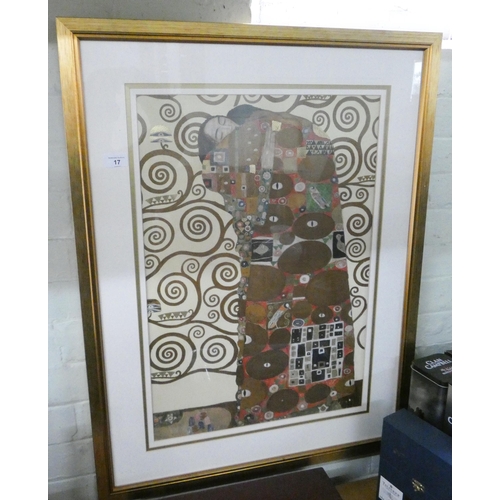 17 - A modern gilt framed print after Gustav Klimt of a couple kissing