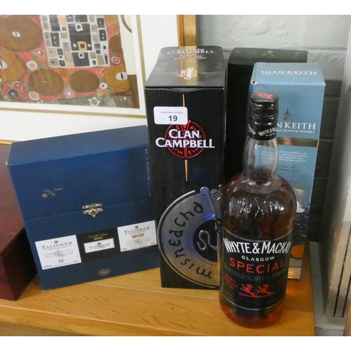 19 - A collection of two bottles of Clan Campbell Scotch whiskey, a bottle of Johnny Walker green label, ... 