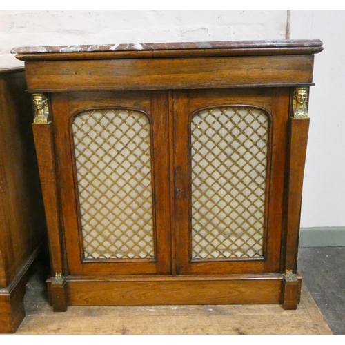 2 - A Regency rosewood empire style side cabinet with grill doors, brass mounts, fitted one long drawer,... 