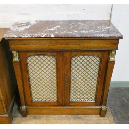 2 - A Regency rosewood empire style side cabinet with grill doors, brass mounts, fitted one long drawer,... 