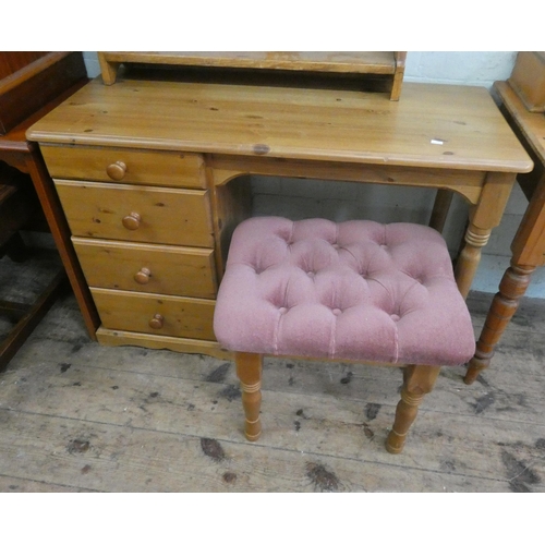 37 - A modern pine single pedestal dressing table with a matching stool and pink upholstered top