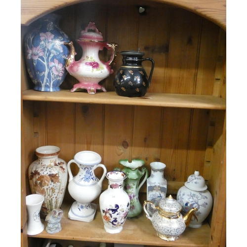 44 - A collection of assorted vases, decorative tea pots, ginger jar etc