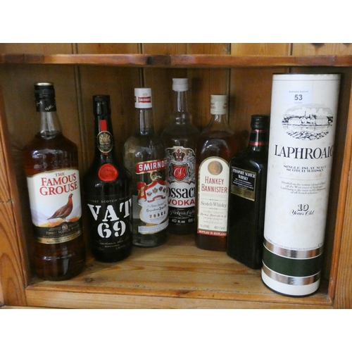 53 - A collection to include a bottle of Laphroaig malt whiskey, four bottles of assorted blended whiskey... 