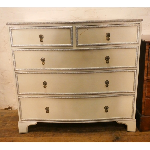 6 - A serpentine front pine cream and silver painted chest of three long and two short drawers, 3'6