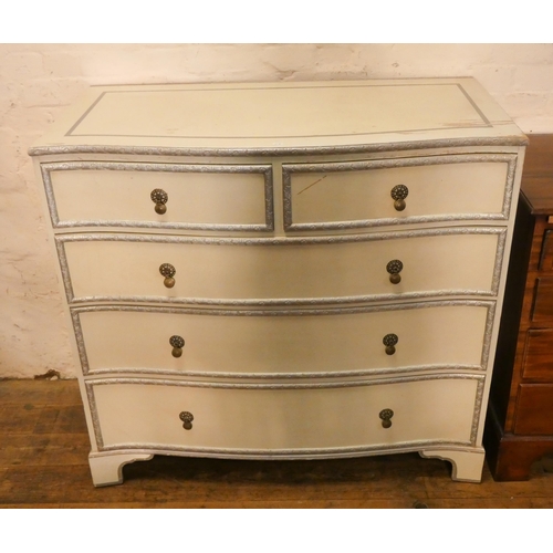 6 - A serpentine front pine cream and silver painted chest of three long and two short drawers, 3'6