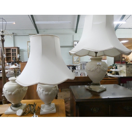 63 - Three matching large bulbous cream table lamps with two shades